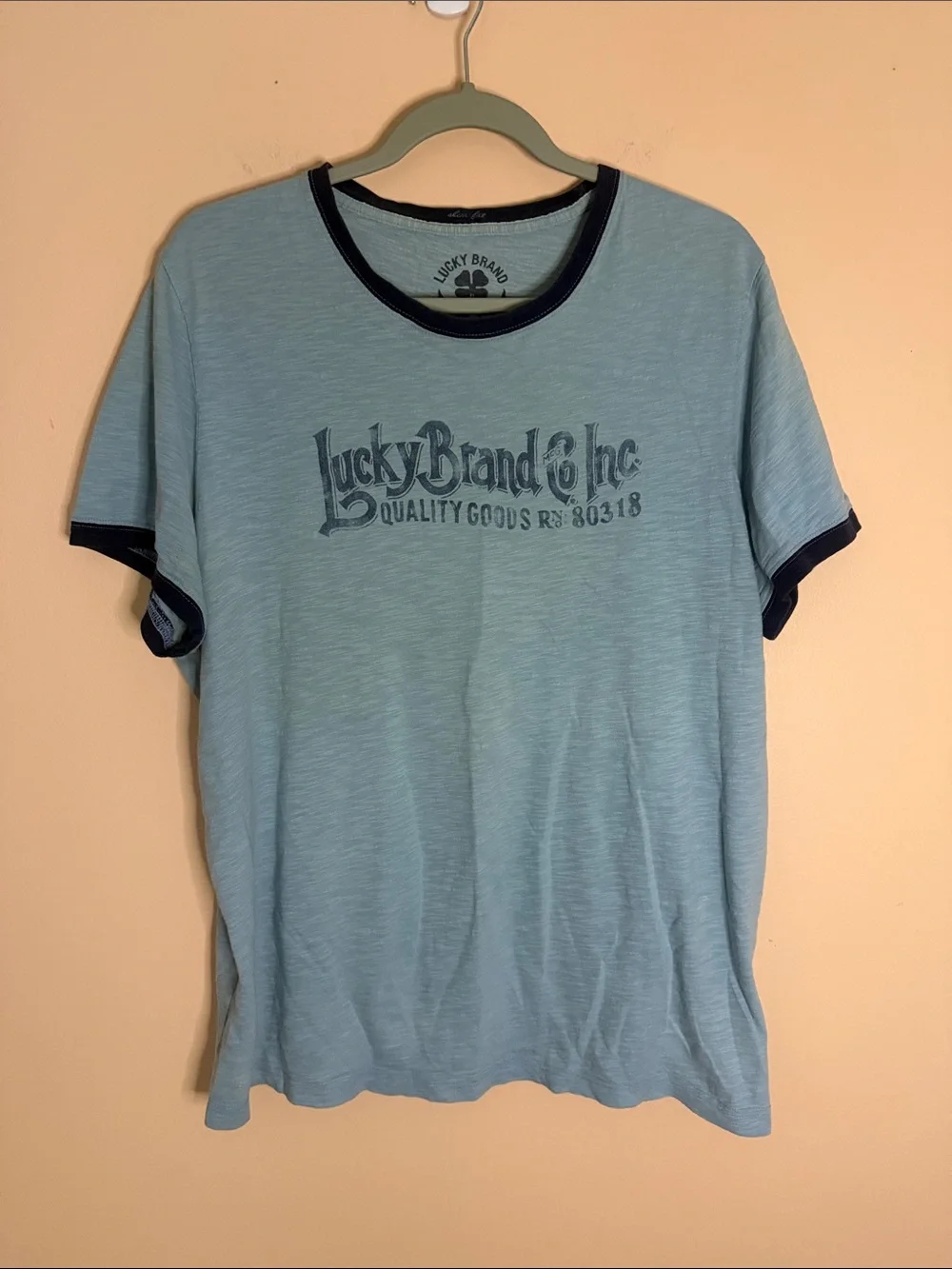 Lucky Brand Men’s Light Blue Ringer Tee with Navy Trim